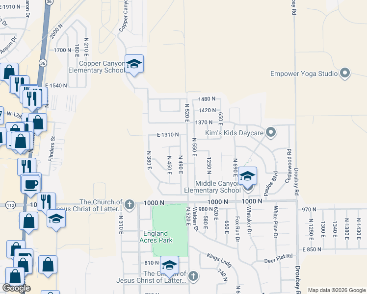 map of restaurants, bars, coffee shops, grocery stores, and more near 1298 North 490 East in Tooele