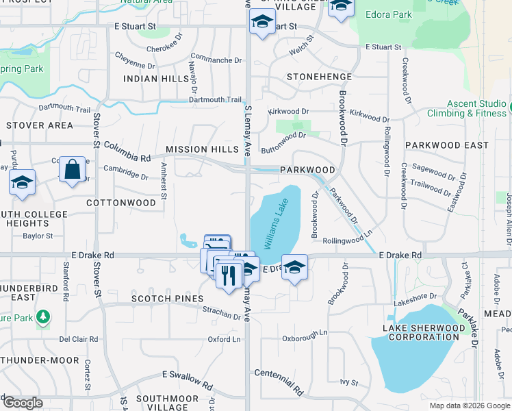map of restaurants, bars, coffee shops, grocery stores, and more near 1109 Heatherwood Lane in Fort Collins