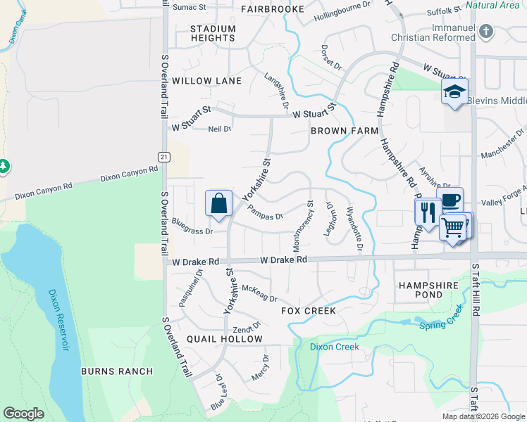 map of restaurants, bars, coffee shops, grocery stores, and more near 2724 Wyandotte Drive in Fort Collins