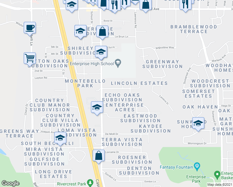 map of restaurants, bars, coffee shops, grocery stores, and more near 1142 Echo Road in Redding