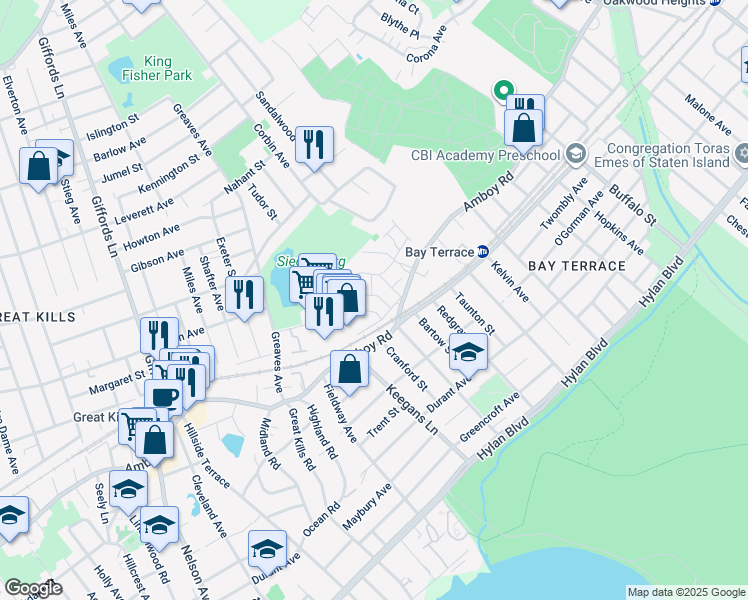 map of restaurants, bars, coffee shops, grocery stores, and more near 53 Meadow Lane in Staten Island