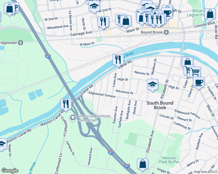 map of restaurants, bars, coffee shops, grocery stores, and more near 100 Louis Avenue in South Bound Brook