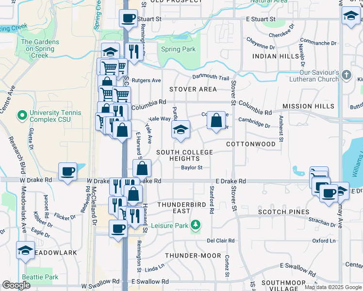 map of restaurants, bars, coffee shops, grocery stores, and more near 312 Princeton Road in Fort Collins