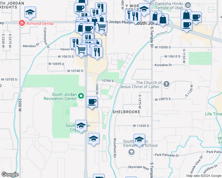 map of restaurants, bars, coffee shops, grocery stores, and more near 1565 Wyngate Park Drive in South Jordan