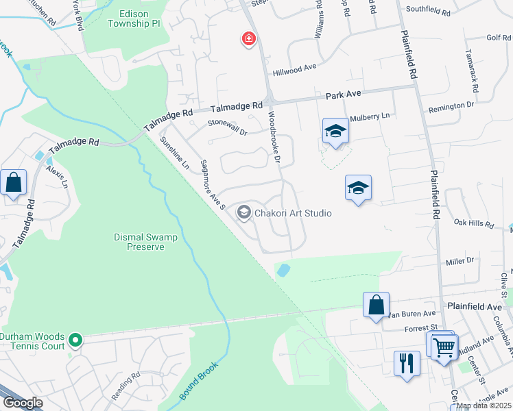 map of restaurants, bars, coffee shops, grocery stores, and more near 7 Mill Pond Way in Edison
