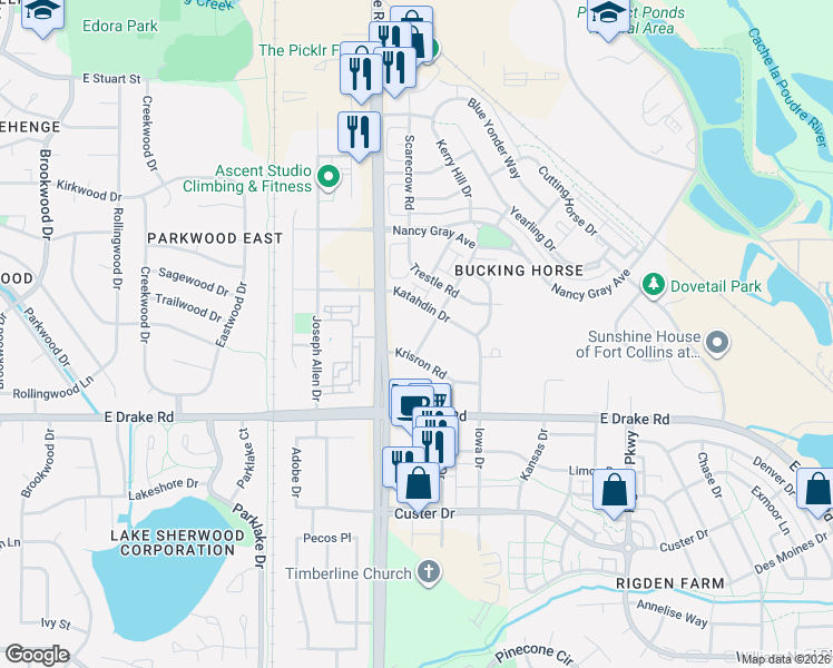 map of restaurants, bars, coffee shops, grocery stores, and more near 2145 Katahdin Drive in Fort Collins