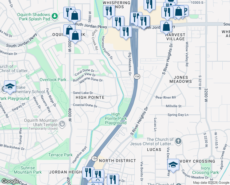 map of restaurants, bars, coffee shops, grocery stores, and more near 10954 Coastal Dune Drive in South Jordan