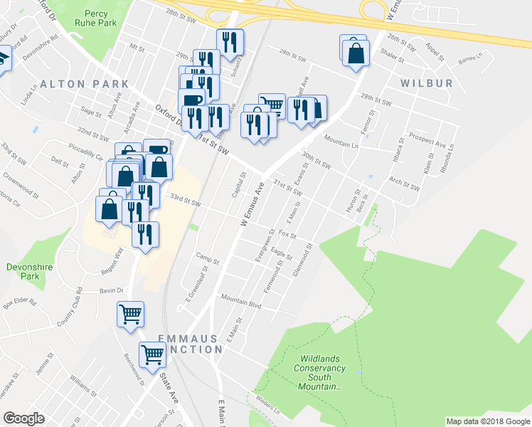 map of restaurants, bars, coffee shops, grocery stores, and more near 920 Buttonwood Street in Emmaus