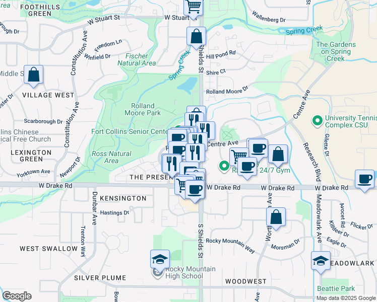 map of restaurants, bars, coffee shops, grocery stores, and more near 2519 South Shields Street in Fort Collins