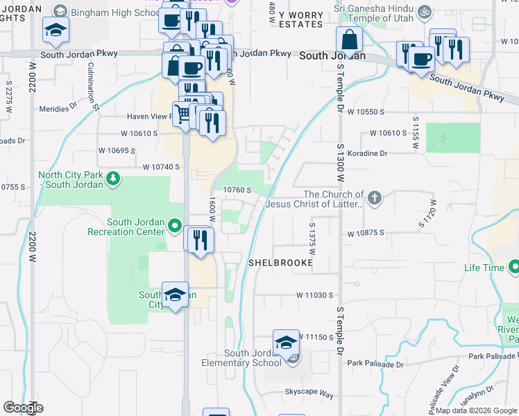 map of restaurants, bars, coffee shops, grocery stores, and more near 1540 Wyngate Park Drive in South Jordan