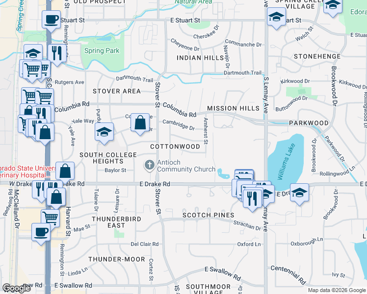 map of restaurants, bars, coffee shops, grocery stores, and more near 906 Vanderbilt Court in Fort Collins