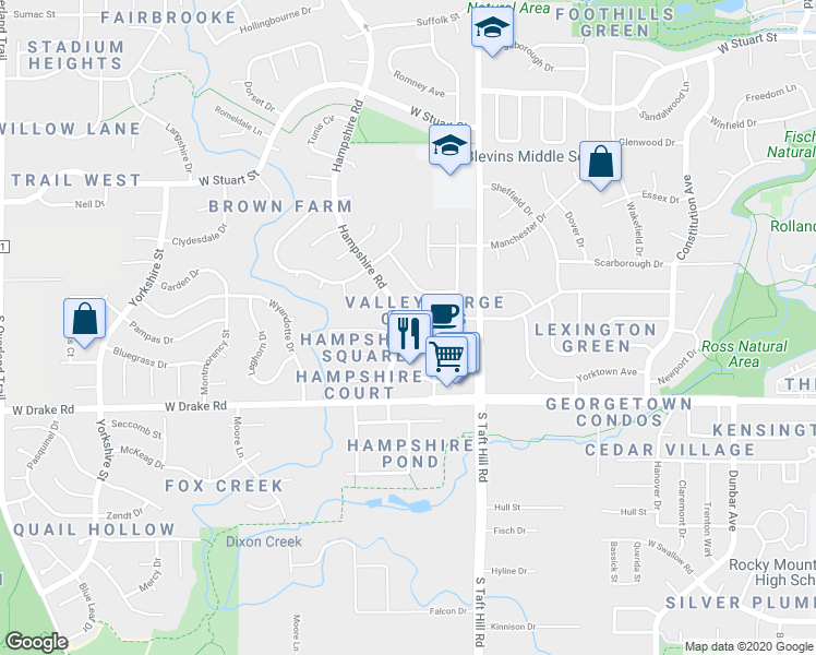 map of restaurants, bars, coffee shops, grocery stores, and more near 2355 Hampshire Road in Fort Collins