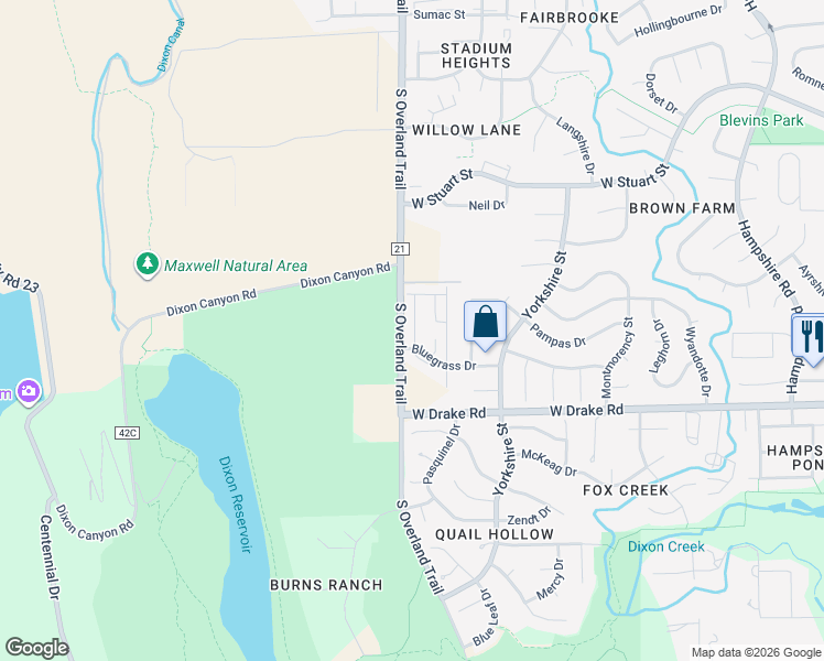 map of restaurants, bars, coffee shops, grocery stores, and more near 2424 South Overland Trail in Fort Collins