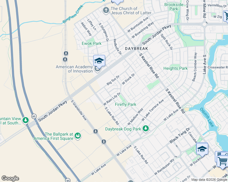 map of restaurants, bars, coffee shops, grocery stores, and more near 5357 Big Sur Drive in South Jordan