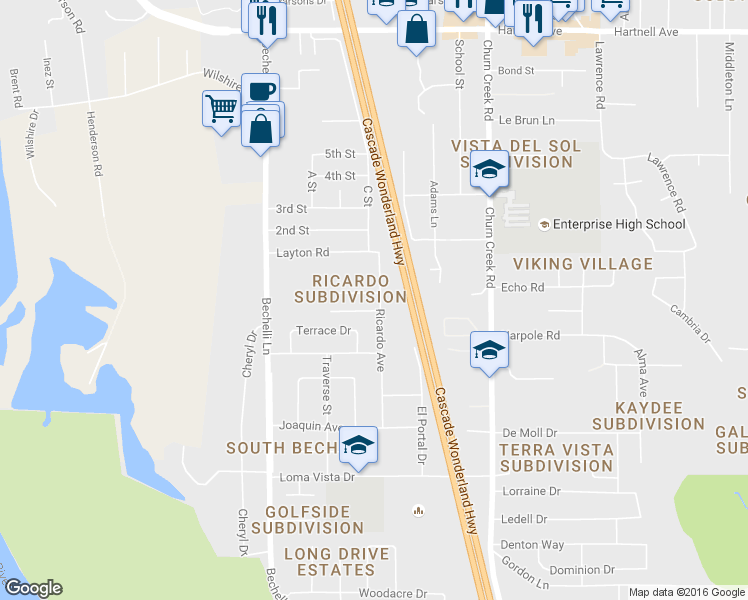 map of restaurants, bars, coffee shops, grocery stores, and more near 3580 Ricardo Avenue in Redding