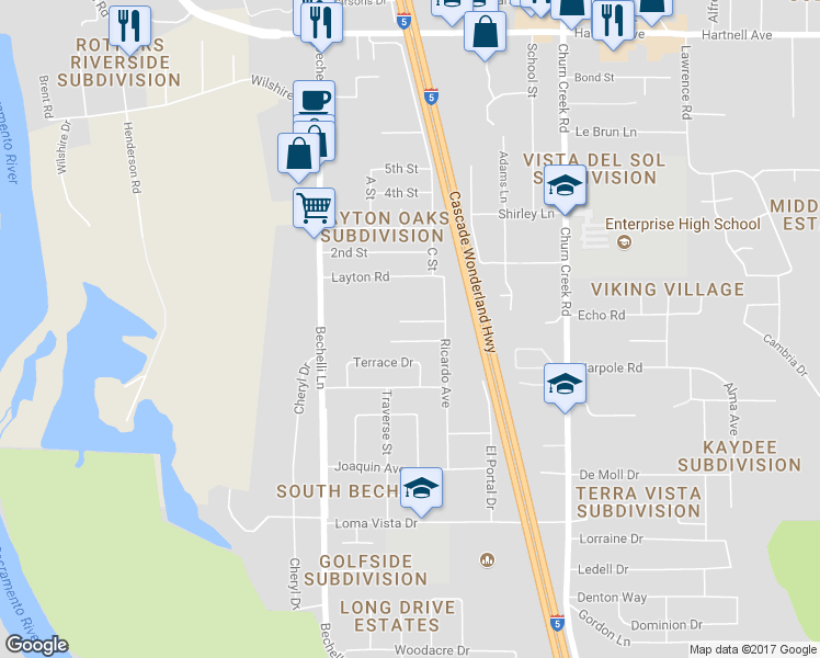 map of restaurants, bars, coffee shops, grocery stores, and more near 724 Kerryjen Court in Redding