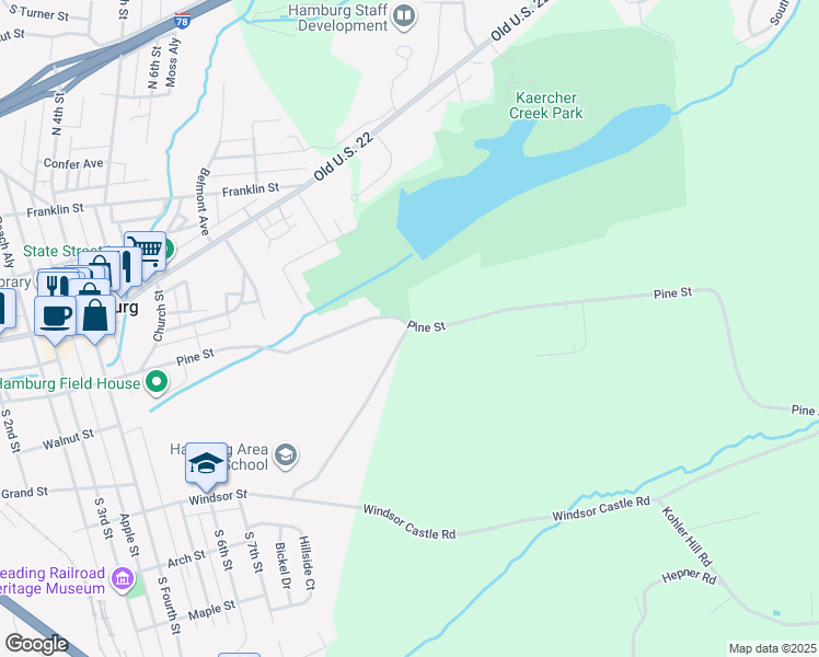 map of restaurants, bars, coffee shops, grocery stores, and more near 541-699 Pine Street in Hamburg