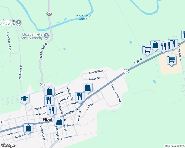 map of restaurants, bars, coffee shops, grocery stores, and more near 158 Simon Boulevard in Elizabethville
