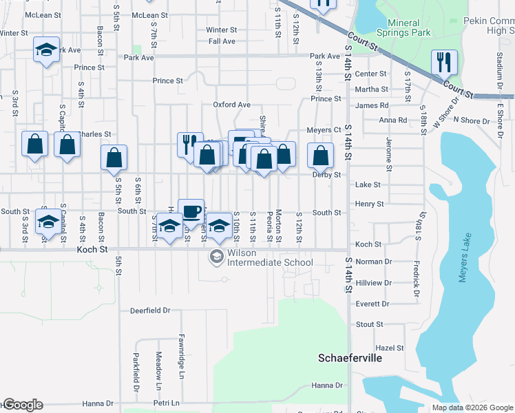 map of restaurants, bars, coffee shops, grocery stores, and more near 1312 South 11th Street in Pekin