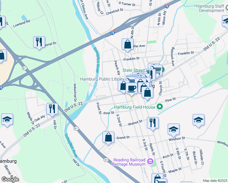 map of restaurants, bars, coffee shops, grocery stores, and more near 245 Plum Alley in Hamburg