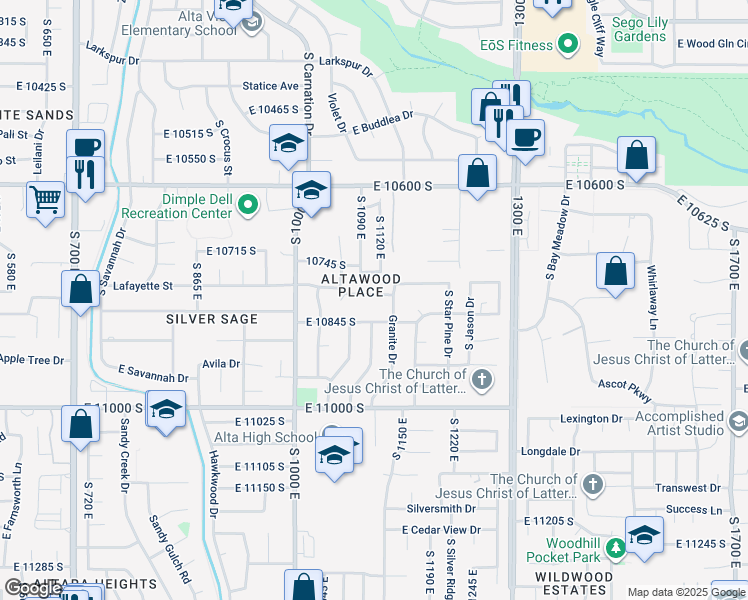 map of restaurants, bars, coffee shops, grocery stores, and more near 1110 Lafayette Street in Sandy