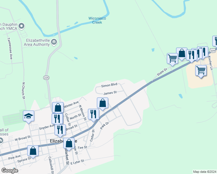 map of restaurants, bars, coffee shops, grocery stores, and more near 158 Simon Boulevard in Elizabethville