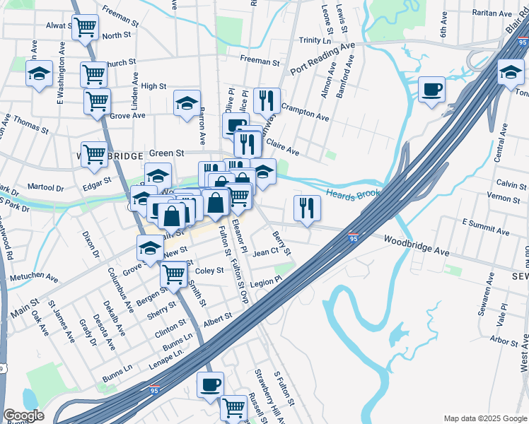 map of restaurants, bars, coffee shops, grocery stores, and more near 404 Berry Street in Woodbridge Township