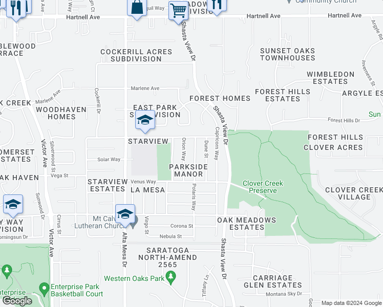 map of restaurants, bars, coffee shops, grocery stores, and more near 3590 Polaris Way in Redding