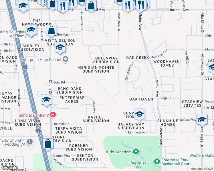 map of restaurants, bars, coffee shops, grocery stores, and more near 3601 Lawrence Road in Redding