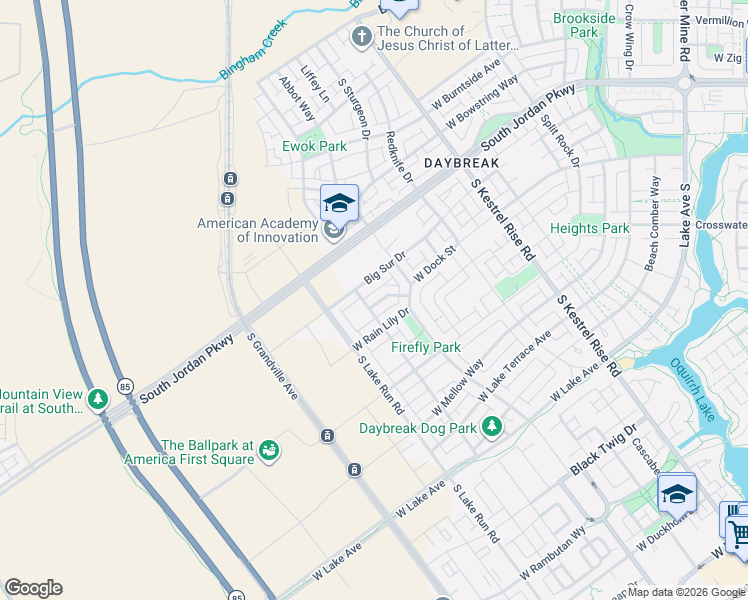 map of restaurants, bars, coffee shops, grocery stores, and more near 5346 Canary Grass Way in South Jordan