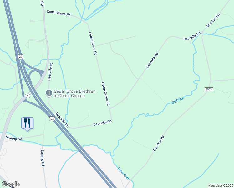 map of restaurants, bars, coffee shops, grocery stores, and more near 1073 Deerville Road in Mifflintown