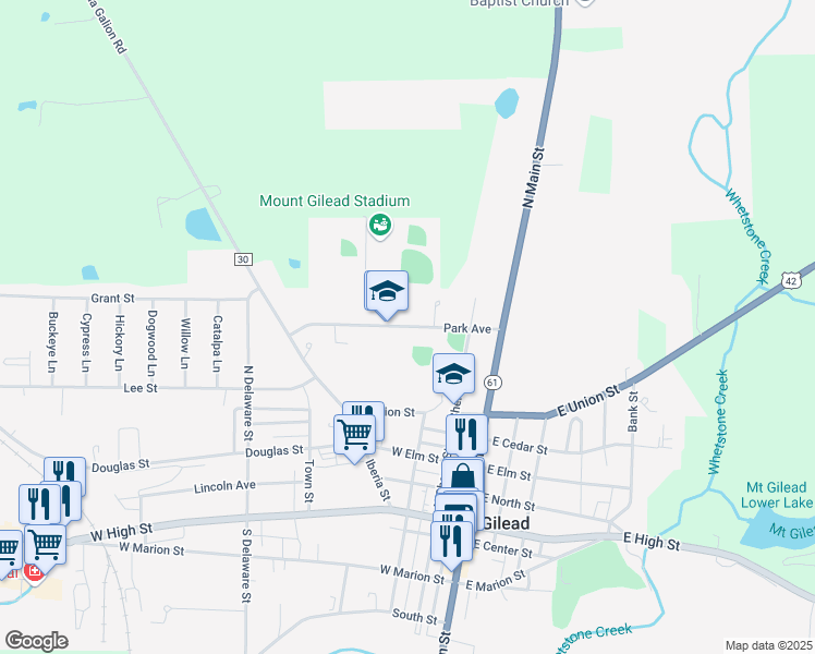 map of restaurants, bars, coffee shops, grocery stores, and more near 335 Park Avenue in Mount Gilead