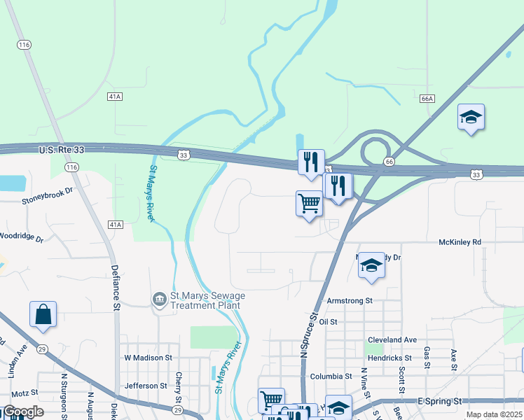 map of restaurants, bars, coffee shops, grocery stores, and more near 415 Fortman Drive in Saint Marys