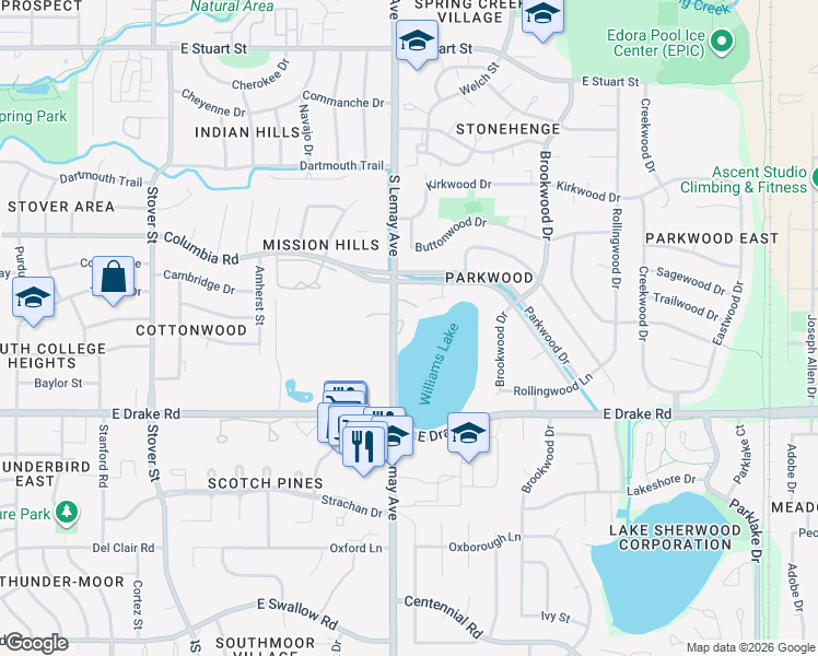 map of restaurants, bars, coffee shops, grocery stores, and more near 1109 Heatherwood Lane in Fort Collins