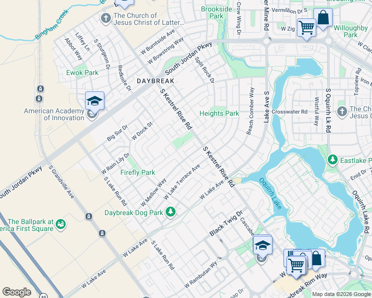 map of restaurants, bars, coffee shops, grocery stores, and more near 5077 West Split Rock Drive in South Jordan