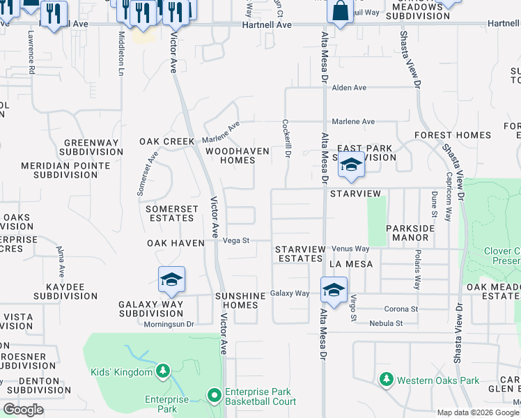 map of restaurants, bars, coffee shops, grocery stores, and more near 3560 Mercury Drive in Redding
