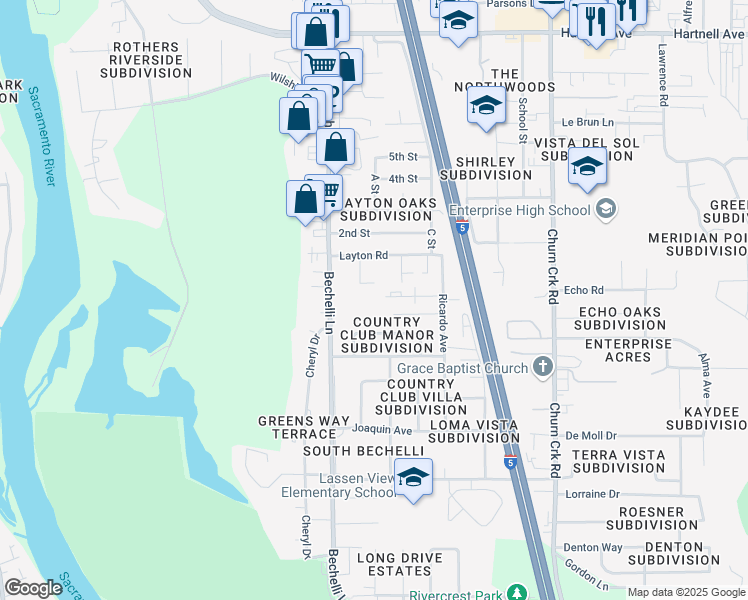 map of restaurants, bars, coffee shops, grocery stores, and more near 3639 Bechelli Lane in Redding