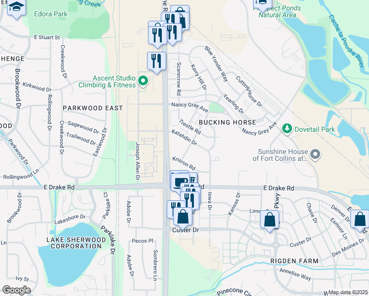 map of restaurants, bars, coffee shops, grocery stores, and more near 2445 Windrow Drive in Fort Collins
