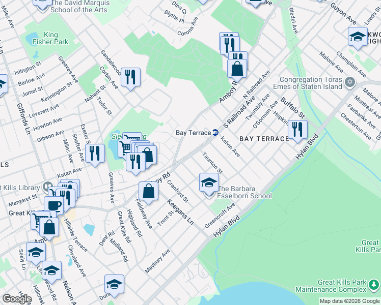 map of restaurants, bars, coffee shops, grocery stores, and more near 22 Bay Terrace in Staten Island