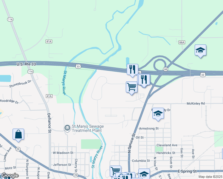 map of restaurants, bars, coffee shops, grocery stores, and more near 415 Fortman Drive in Saint Marys