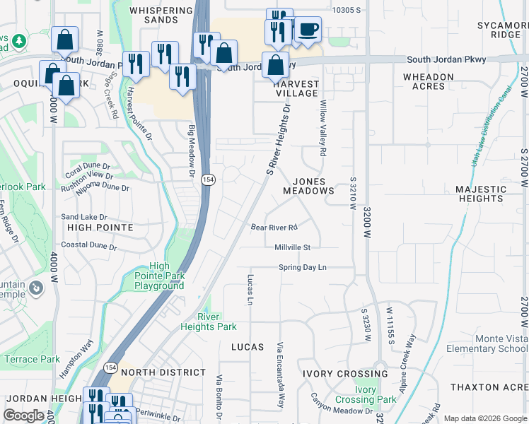 map of restaurants, bars, coffee shops, grocery stores, and more near 10778 South Sink Hollow Circle in South Jordan