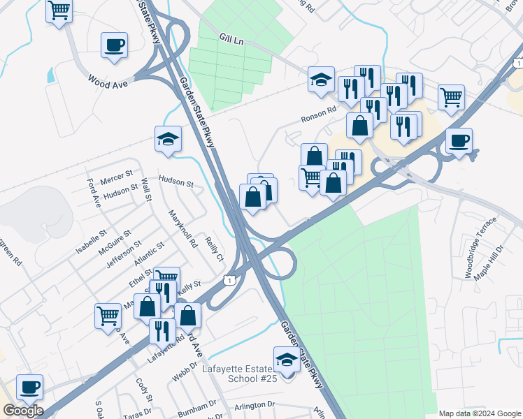 map of restaurants, bars, coffee shops, grocery stores, and more near 1 Ronson Road in Woodbridge Township