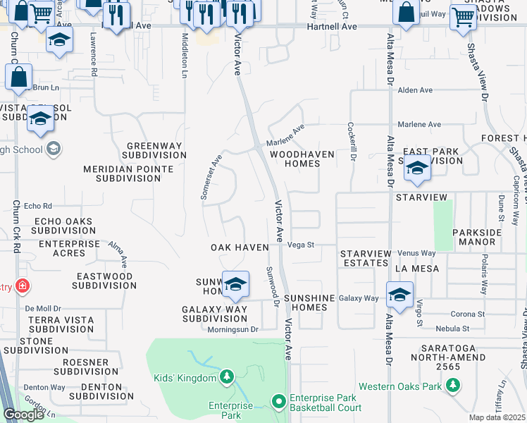 map of restaurants, bars, coffee shops, grocery stores, and more near 3610 Sunwood Drive in Redding