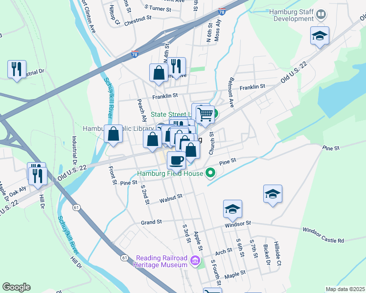 map of restaurants, bars, coffee shops, grocery stores, and more near 5 South Fourth Street in Hamburg