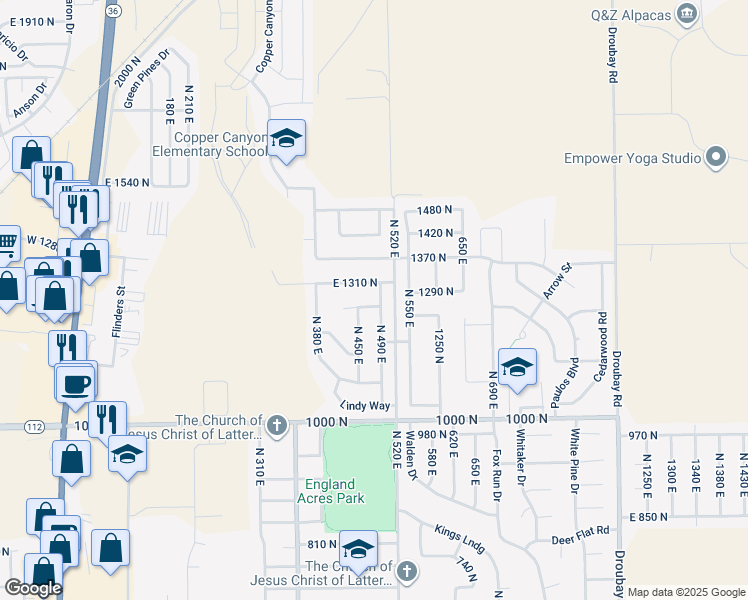 map of restaurants, bars, coffee shops, grocery stores, and more near 1273 North 490 East in Tooele