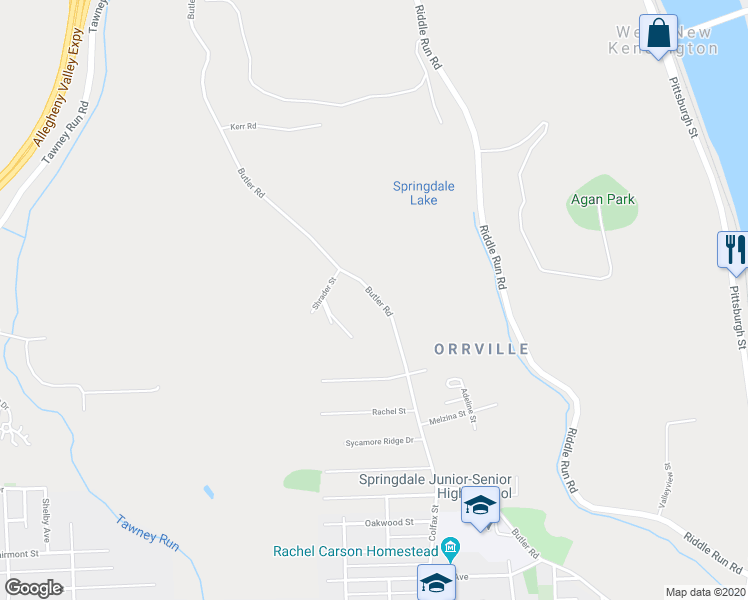 map of restaurants, bars, coffee shops, grocery stores, and more near 1284 Butler Road in Springdale