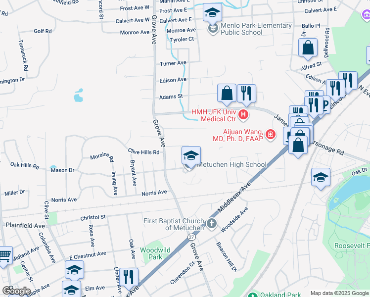 map of restaurants, bars, coffee shops, grocery stores, and more near 10 Ross Avenue in Edison
