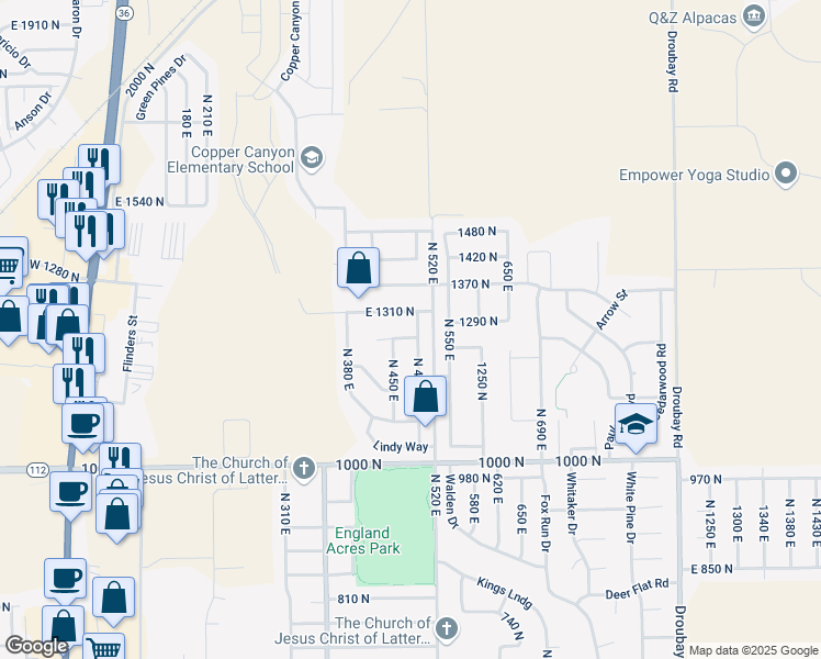 map of restaurants, bars, coffee shops, grocery stores, and more near 1273 North 490 East in Tooele