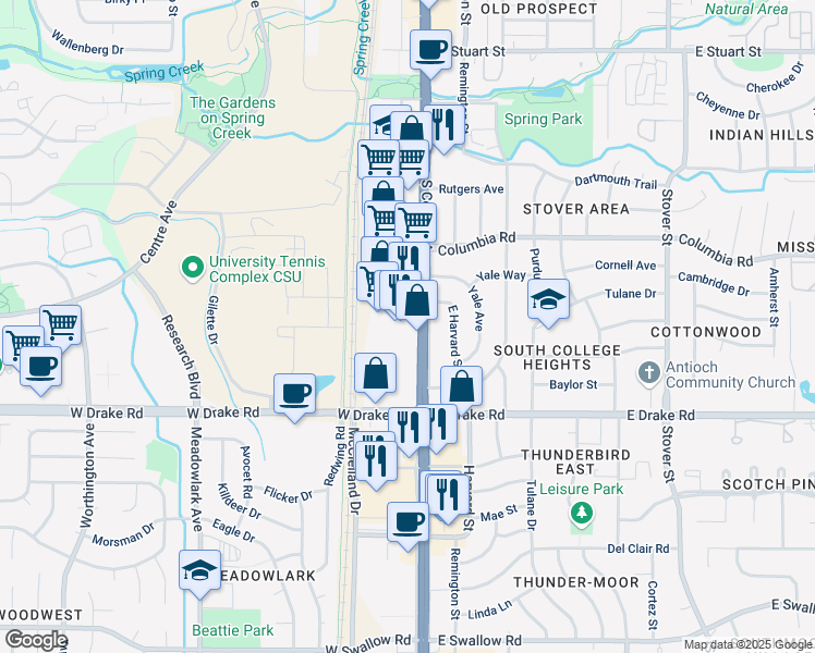 map of restaurants, bars, coffee shops, grocery stores, and more near 2413 S College Ave in Fort Collins