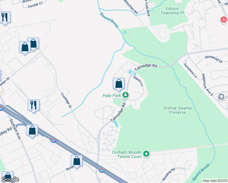map of restaurants, bars, coffee shops, grocery stores, and more near 79 Prestwick Way in Edison